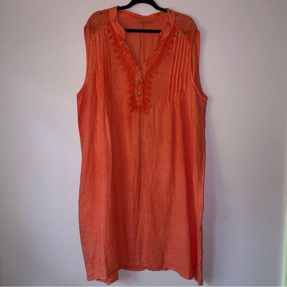 Alessia Pacini 2X 100% Linen Dress Midi Sleeveless Lace Split Neck - Picture 1 of 9